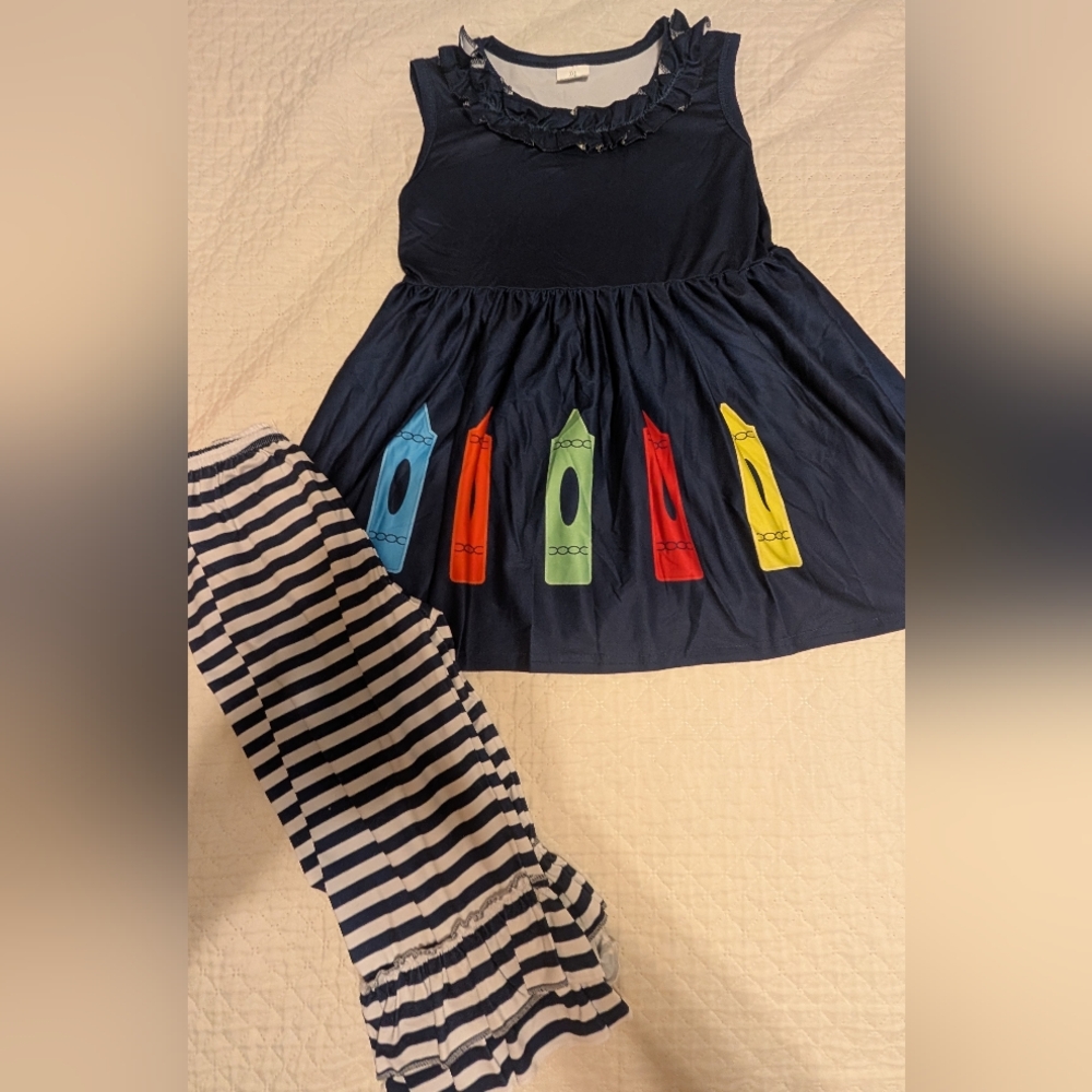 Navy Dress with Crayon Design and Striped Leggings